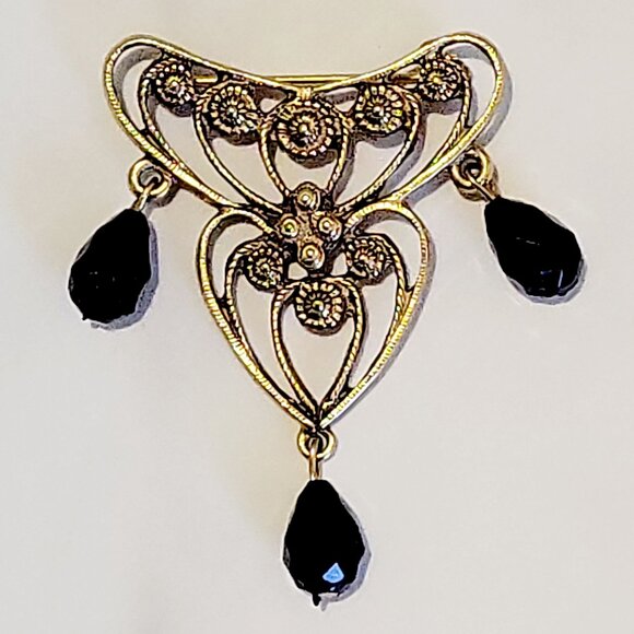 Jewelry - Antique Art Nouveau Gold Filigree Brooch 2" Black Teardrop Dangles